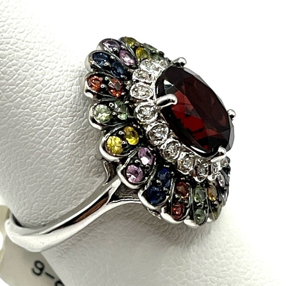 Cocktail Ring Faceted Red Quartz Multi Gemstone Flower Ring Signed FP Sz 6 VTG - Picture 5 of 14
